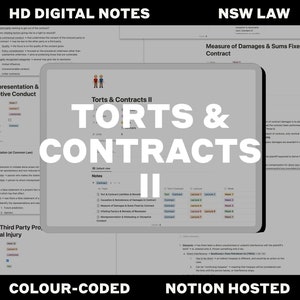 Op de afbeelding: Een digitale studiegids voor een cursus in onrechtmatige daad en contracten II. De gids is kleurgecodeerd en bevat aantekeningen over misleiding, misleidend gedrag en schade. De gids wordt gehost op Notion.