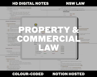 May include: A colorful digital note page with the title "Property & Commercial Law" in large, bold letters. The page is divided into sections with headings like "NSW Law", "Interests", and "Notes". The page is color-coded and includes the text "Colour-Coded" and "Notion Hosted" at the bottom.