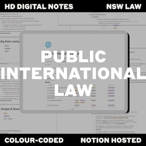 May include: A digital notebook with the title "Public International Law" in bold, white text on a blue background. The notebook is color-coded and hosted on Notion. The image also includes a globe icon and the text "HD Digital Notes" and "NSW Law".