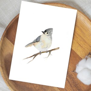 Carte d'oiseau de voeux IMPRIMABLE, téléchargement numérique, carte de voeux aquarelle peinte à la main, oiseau mésange tufté, carte d'oiseau des bois