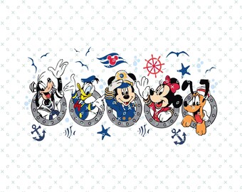 May include: A colorful illustration of Mickey Mouse, Minnie Mouse, Donald Duck, and Goofy dressed as sailors. They are peeking out of porthole windows on a ship. The image includes nautical elements like anchors, a ship's wheel, and seagulls.
