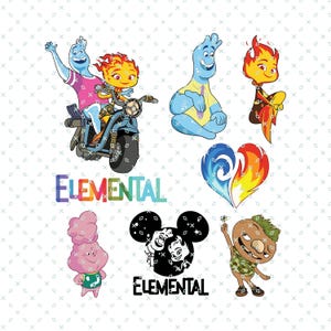 Può includere: Un set di clipart digitali con personaggi del film d'animazione Elemental. I personaggi sono un personaggio d'acqua blu, un personaggio di fuoco rosso, un personaggio di terra verde, un personaggio di nuvola rosa e una silhouette in bianco e nero di un personaggio d'acqua e fuoco. I personaggi sono tutti in pose ed espressioni diverse. Il testo "Elemental" è incluso nell'immagine.