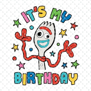 May include: A colorful graphic featuring a cartoon fork character with the text "IT'S MY BIRTHDAY". The design includes stars and dots in various colors, set against a white background with a subtle pattern.