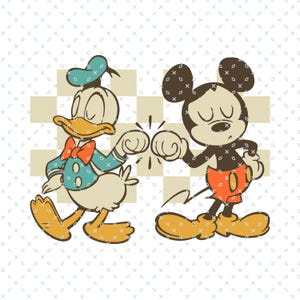 以下が含まれることがあります： ミッキーマウスとドナルドダックの漫画のイラスト。どちらも赤いショートパンツを履いており、向き合って拳をぶつけ合っています。彼らは市松模様の背景に立っています。