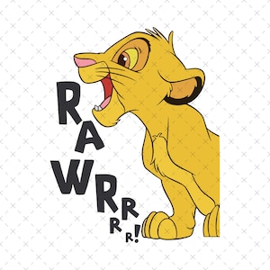 Puede incluir: Una ilustración de dibujos animados de un cachorro de león amarillo con una boca roja rugiendo. El cachorro está mirando hacia el lado derecho de la imagen. El texto "RAWRR!" está escrito en letras negras a la izquierda del cachorro.