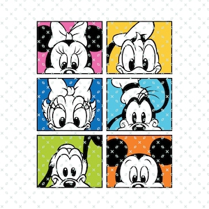 Puede incluir: Un collage colorido de personajes de dibujos animados. Mickey Mouse, Minnie Mouse y Goofy asoman desde detrás de cuadrados coloridos.