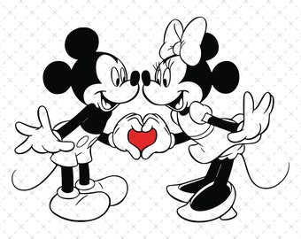 Könnte beinhalten: Schwarzweiß-Illustration von Mickey Mouse und Minnie Mouse, die mit ihren Händen eine Herzform bilden. Beide lächeln und schauen sich an. In der Mitte ihrer Hände befindet sich ein rotes Herz.