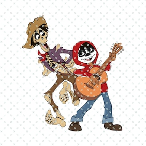 Può includere: Un'illustrazione di cartoni animati di due scheletri che suonano musica. Uno scheletro indossa un sombrero e una camicia viola, mentre l'altro scheletro indossa una felpa rossa e suona la chitarra.