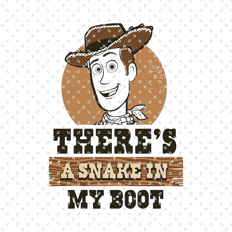 May include: A graphic featuring a cartoon cowboy with a brown hat and the text "THERE'S A SNAKE IN MY BOOT" in a western font. The cowboy is set against a brown circle with a white background.