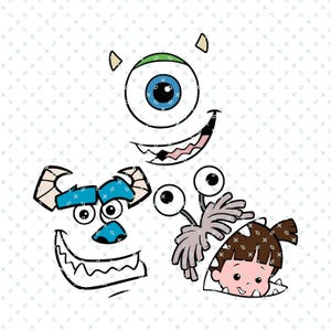 May include: A digital illustration of three characters from the movie Monsters Inc. The characters are Mike Wazowski, Sulley, and Boo. Mike is a one-eyed green monster with a big smile. Sulley is a blue monster with a big smile and two eyes. Boo is a little girl with brown hair and a big smile.