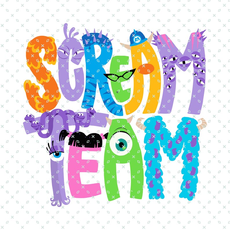 K&ouml;nnte beinhalten: Ein farbenfrohes Grafikdesign mit den Worten "Scream Team" und verschiedenen Monster- und Comicfiguren. Die Buchstaben bestehen aus verschiedenen farbigen Monstergesichtern und -k&ouml;rpern.