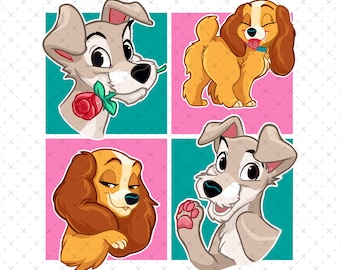 May include: Four cartoon images of Lady and the Tramp. The first image shows Lady holding a red rose in her mouth. The second image shows Lady standing with her back to the viewer. The third image shows Lady with her head tilted to the side. The fourth image shows Tramp with his paw raised in greeting.