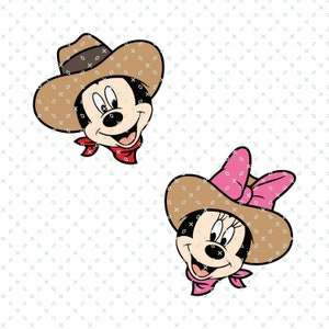 May include: A pair of cartoon mouse heads wearing brown cowboy hats. One mouse has a pink bow and the other has a red bandana.