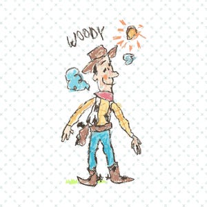 Può includere: Illustrazione disegnata a mano di Woody di Toy Story. Woody indossa un cappello da cowboy marrone, una camicia gialla, jeans blu e stivali marroni. La parola "WOODY" è scritta sopra il personaggio. Lo sfondo è bianco con un motivo ripetuto.