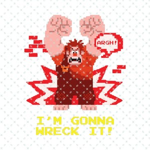 May include: A pixelated illustration of a red-haired character with a red and brown outfit, raising his fists in the air. The character is surrounded by a red and white explosion. The text "ARGH!" is in a speech bubble above the character. The text "I'M GONNA WRECK IT!" is below the character.