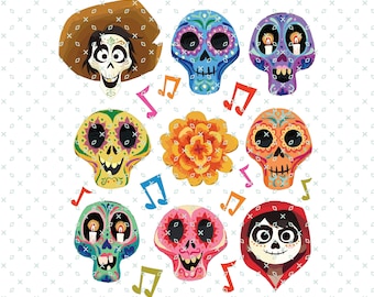 May include: A collection of colorful sugar skull illustrations featuring various patterns, a central orange marigold flower, and scattered musical notes. The set includes two character skulls with hair and hoods, alongside six decorative skulls in blue, purple, yellow, orange, green, and pink.