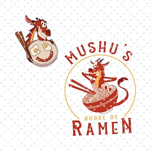 Op de afbeelding: Een rood draken-cartoonfiguur met een gele achtergrond en de tekst "Mushu's House of Ramen". De draak houdt eetstokjes vast en een kom ramennoedels.