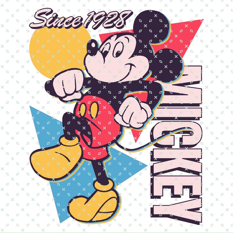 May include: A graphic of Mickey Mouse in a vintage style. Mickey is in a running pose, wearing red shorts, yellow shoes, and black gloves. The image includes the text "Since 1928" and "Mickey". The background has geometric shapes.