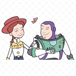 Op de afbeelding: Een cartoonillustratie van een roodharige vrouw met een rode hoed en een gele vest, die lacht en de arm vasthoudt van een groene en paarse cartoon-ruimteranger met een brede glimlach.