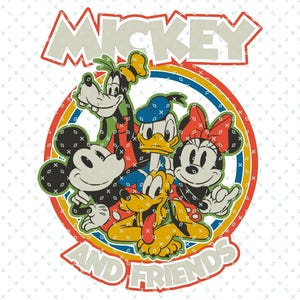 Puede incluir: Gráfico vintage con Mickey Mouse y sus amigos, incluyendo Goofy, Donald Duck, Minnie Mouse y Pluto. El diseño está enmarcado en un círculo colorido con las palabras "MICKEY AND FRIENDS".