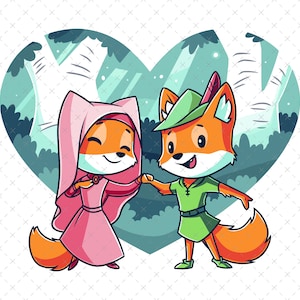 May include: A cartoon illustration of two foxes in a heart-shaped frame. The fox on the left is wearing a pink dress and a hood. The fox on the right is wearing a green shirt and a hat with a feather.