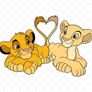 May include: A cartoon illustration of two lion cubs lying down side by side. The golden-orange cub on the left and the light cream-colored cub on the right have their tails intertwined to form a heart shape against a white background with crosses.