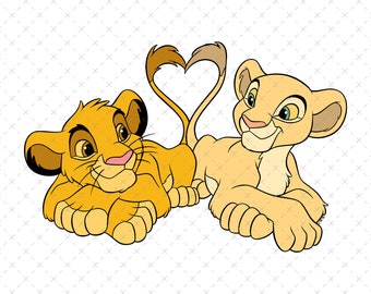 May include: A cartoon illustration of two lion cubs lying down side by side. The golden-orange cub on the left and the light cream-colored cub on the right have their tails intertwined to form a heart shape against a white background with crosses.