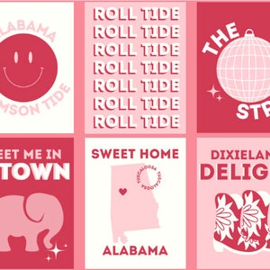 Trendy Pink Alabama Crimson Tide Prints - Set of 6 Cute Preppy Dorm Room Digital Prints Posters Designs