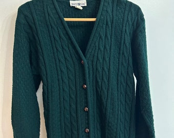 Cardigan VINTAGE pull boutonné vert forêt en maille torsadée femme taille grande