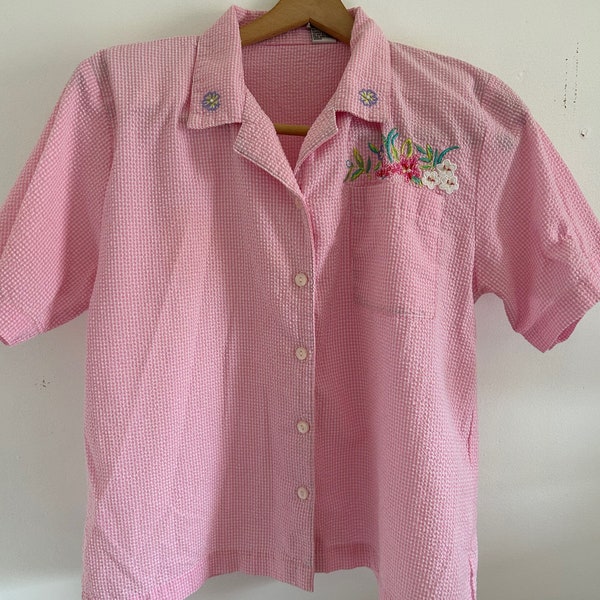 VINTAGE embroidered shirt pink button up women's vintage shirt