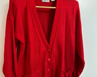 Cardigan VINTAGE pull rouge des années 90 pour femmes taille 18 boutons pull en tricot torsadé