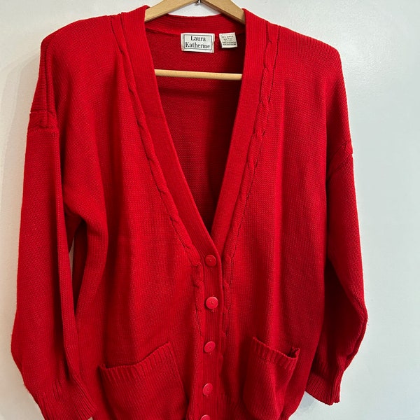 VINTAGE cardigan 90's red sweater women's size 18 button sweater cable knit