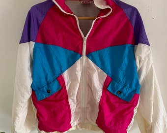 Vintage windbreaker jacket vintage track suit 90's windbreaker jacket white pink and blue