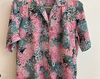 VINTAGE button-up blouse roze bloemenmaat groot damesshirt met kraag 90's cottagecore top