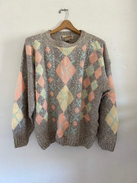 VINTAGE sweater argyle women's sweater pink and ye