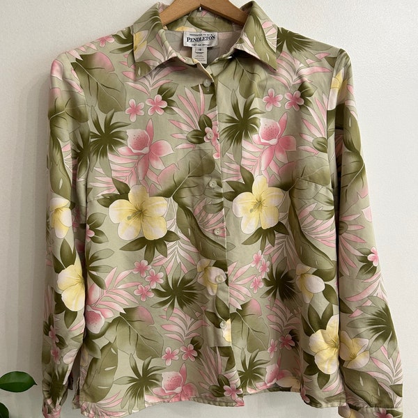 VINTAGE floral blouse button up collared green and pink flower shirt women's size 12 silk cotton blend