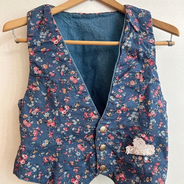 VINTAGE 90's vest denim and floral handmade reversible vest women's size medium