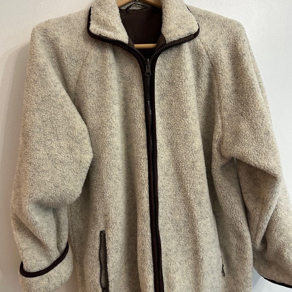 VINTAGE sherpa jacket silk lined women's size large reversible zipper beige and brown jacket