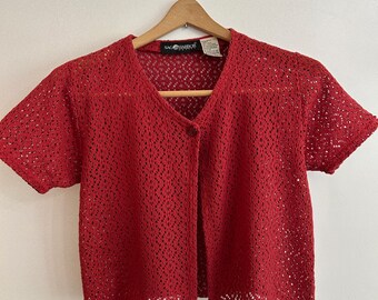 VINTAGE encogiéndose de hombros rojo tejido abierto top 90's pieza de capas camisa recortada tamaño de mujer pequeño