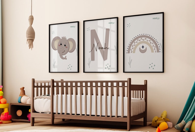 Printable Set of 3 Jungle Animal Personalized Name Wall Art Prints, Lion, Zebra, Giraffe, Elephant, Rainbow Nursery Kids Room Decor imagem 6