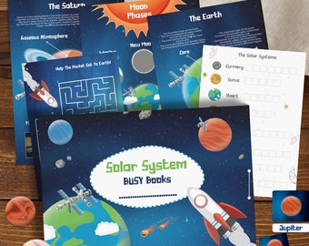 Libro occupato per bambini, Attività prescolari stampabili del sistema solare, Materiali Montessori per la scuola domiciliare, Attività di raccoglitore per l'apprendimento dei bambini, Libro tranquillo