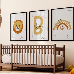 Printable Set of 3 Jungle Animal Personalized Name Wall Art Prints, Lion, Zebra, Giraffe, Elephant, Rainbow Nursery Kids Room Decor imagem 10