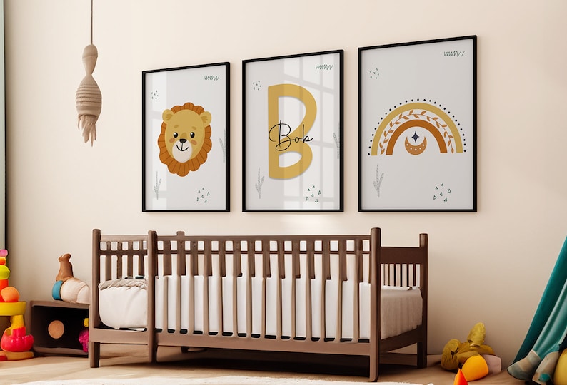 Printable Set of 3 Jungle Animal Personalized Name Wall Art Prints, Lion, Zebra, Giraffe, Elephant, Rainbow Nursery Kids Room Decor image 10