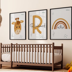 Printable Set of 3 Jungle Animal Personalized Name Wall Art Prints, Lion, Zebra, Giraffe, Elephant, Rainbow Nursery Kids Room Decor imagem 7