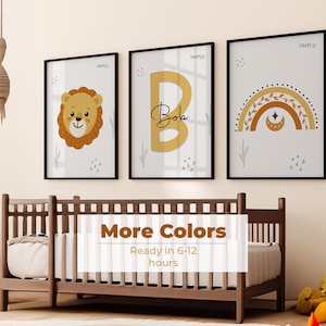 Printable Set of 3 Jungle Animal Personalized Name Wall Art Prints, Lion, Zebra, Giraffe, Elephant, Rainbow Nursery Kids Room Decor image 1