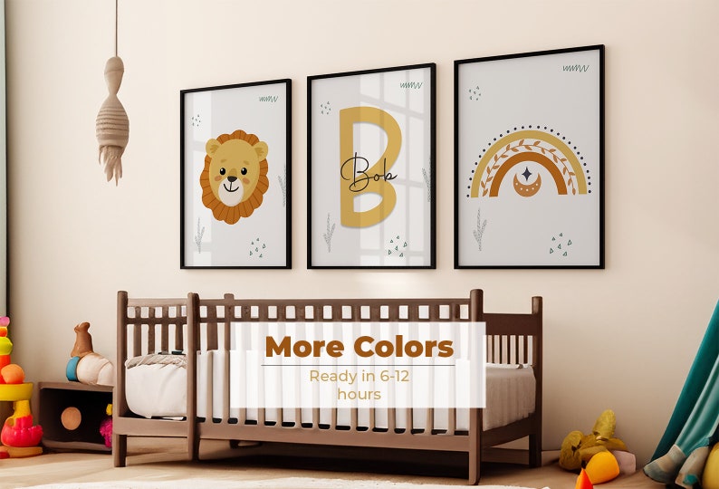Printable Set of 3 Jungle Animal Personalized Name Wall Art Prints, Lion, Zebra, Giraffe, Elephant, Rainbow Nursery Kids Room Decor image 1
