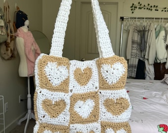 Beige Heart Checkerboard Tote Bag - Etsy