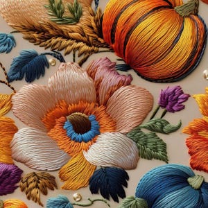 May include: Close-up of an embroidered floral design featuring a large orange pumpkin, various flowers, and leaves. The flowers are in shades of orange, pink, purple, and blue, with green leaves. The embroidery is detailed and textured.
