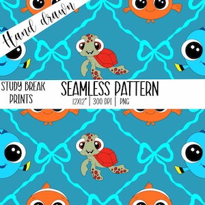May include: Seamless pattern featuring cartoon fish, turtles, and bows on a teal background. The design includes orange and blue fish, a green turtle with a red shell, and light blue bows. The text "Hand drawn", "Study Break Prints", and "Seamless Pattern" is also included.