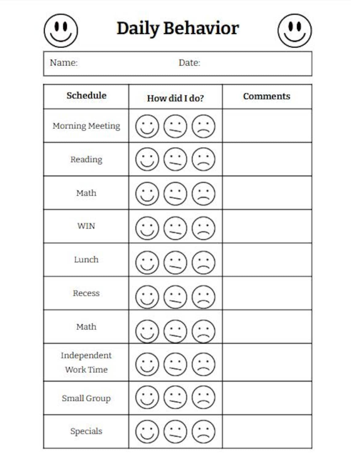 Editable Daily Behavior Chart for Classroom Home 16 Templates ...